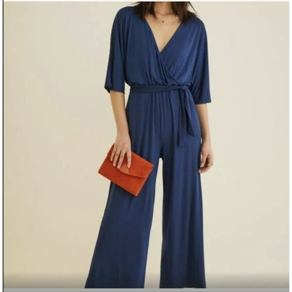 Amour Vert Womens Navy Blue Wrap-Style Jumpsuit W/ Pockets & Belted Waist S - Picture 1 of 9